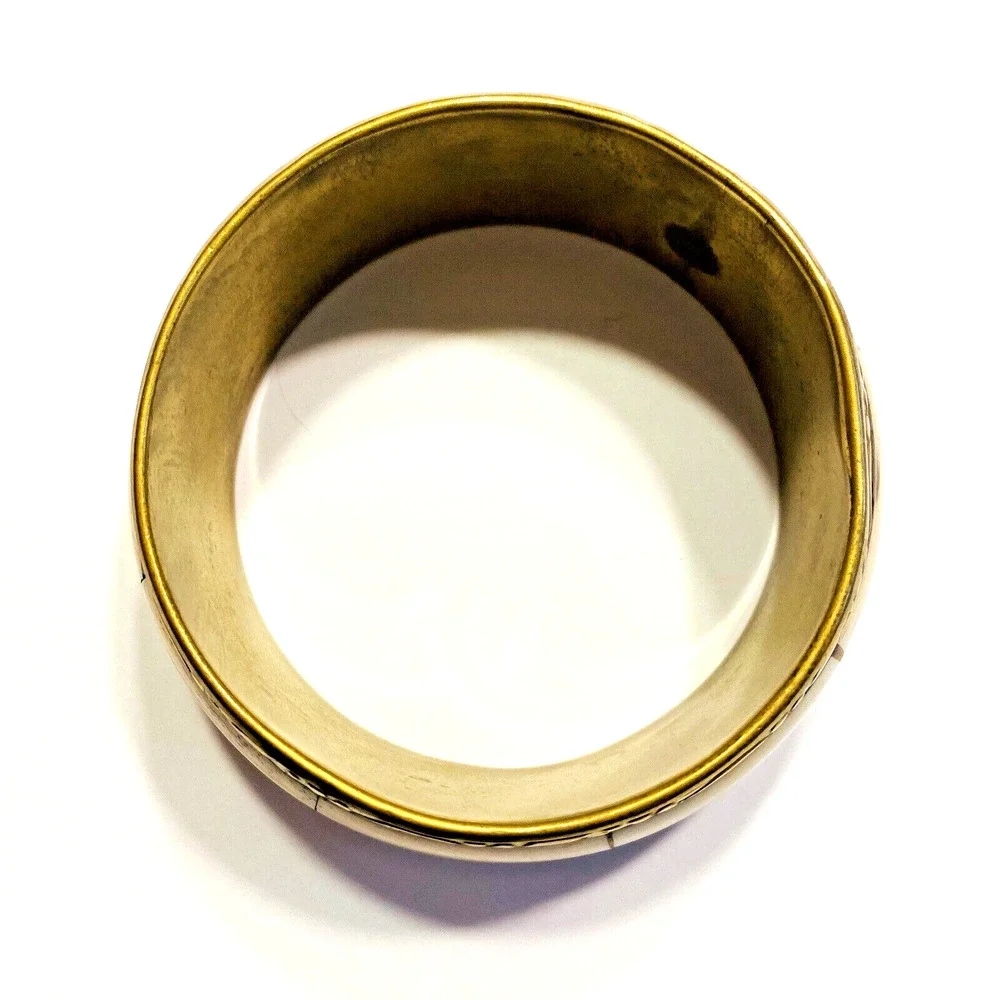Vintage Bangle Bracelet Embossed Brass & Faux Bone Panel Inlay Tribal Boho Chic